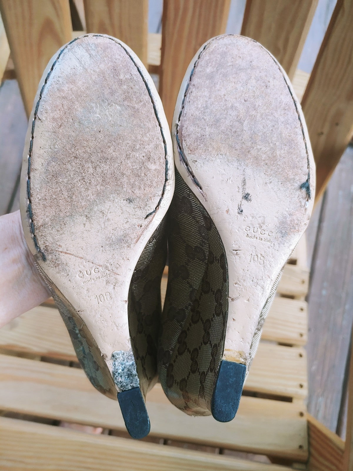 Gucci Beige and Brown GG Canvas Slip On Wedge Heels Size 10