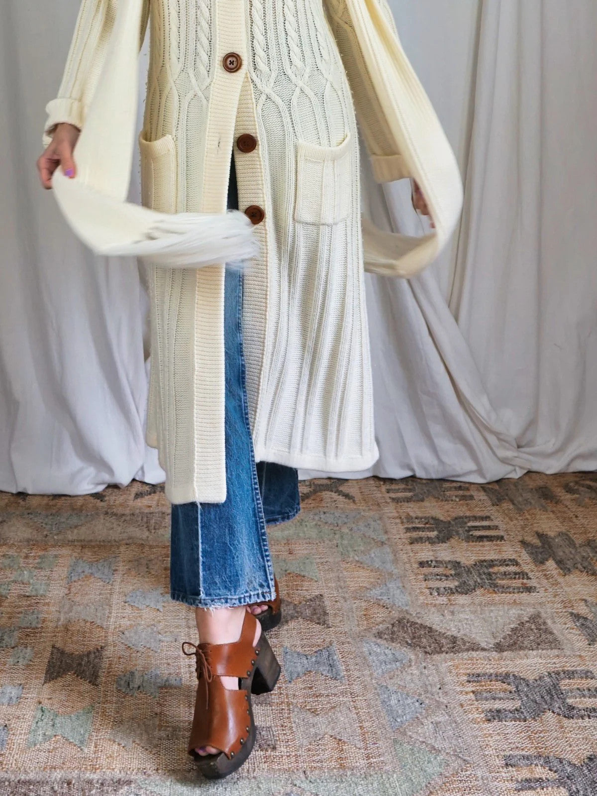 Vintage 70's Ivory Boho Long Cable Knit Scarf Duster Sweater Maxi Coat / S/M