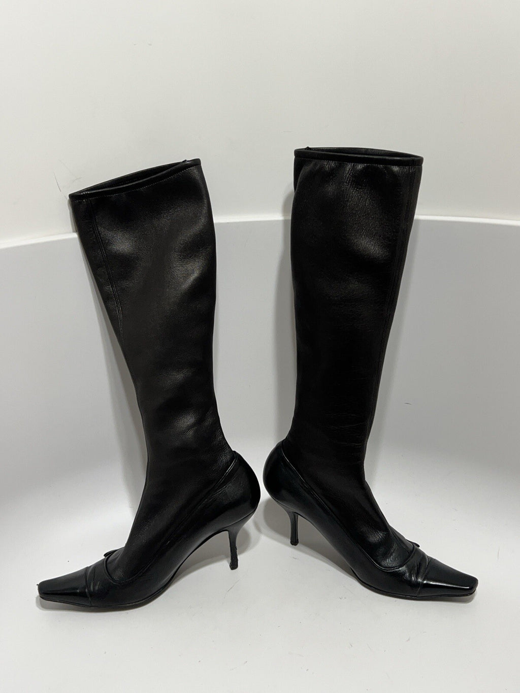 Vtg CHANEL BLACK LEATHER CC LOGO SOCK BOOTS 39