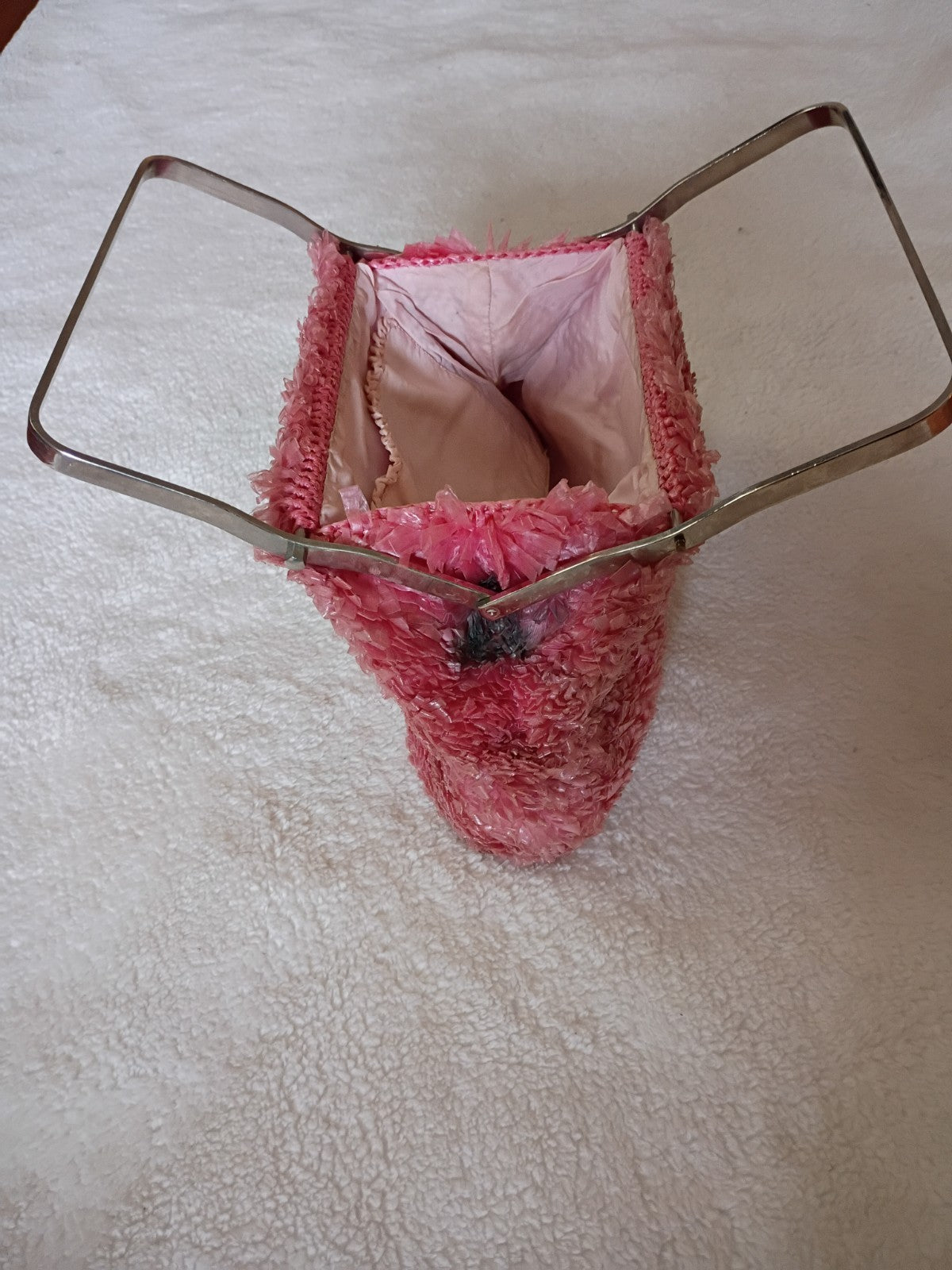 Amazing 1960s Fuzzy Pink Purse Silver Handbag
