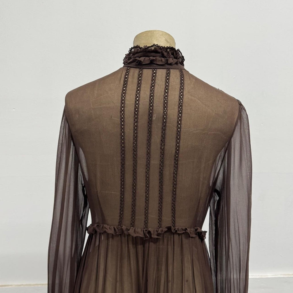 Vintage Brown 100% Silk Chiffon Edwardian-Style Ruffled Midi Dress