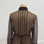 Vintage Brown 100% Silk Chiffon Edwardian-Style Ruffled Midi Dress