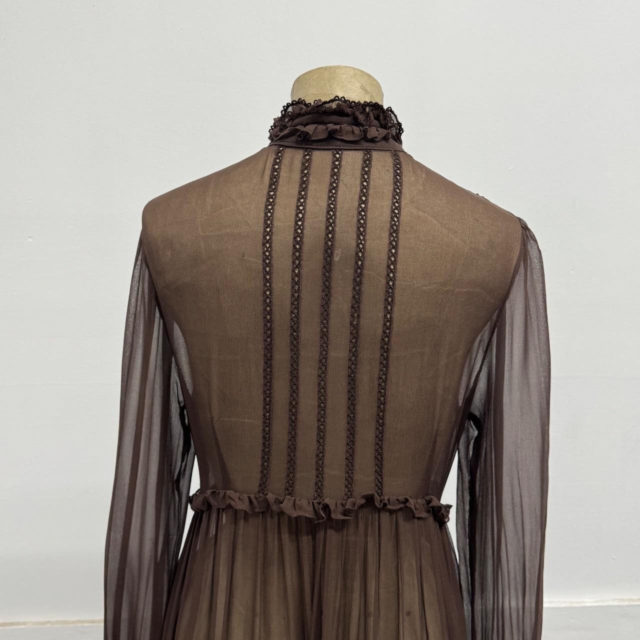 Vintage Brown 100% Silk Chiffon Edwardian-Style Ruffled Midi Dress