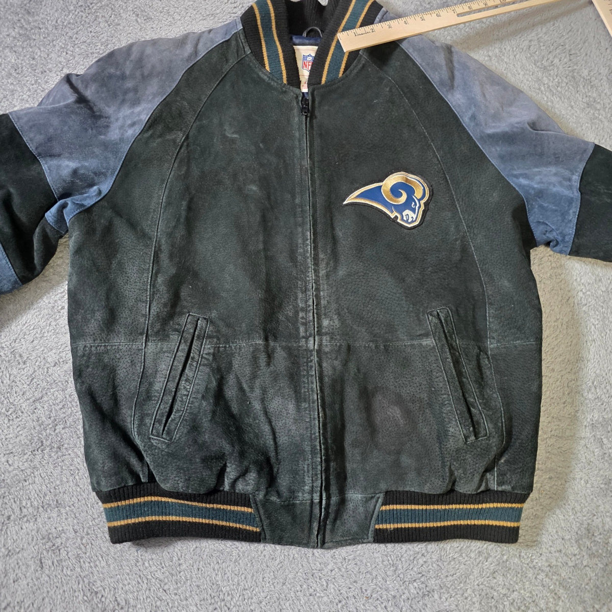 G-III NFL St. Louis Rams Suede Leather Varsity Jacket Green Blue Large
