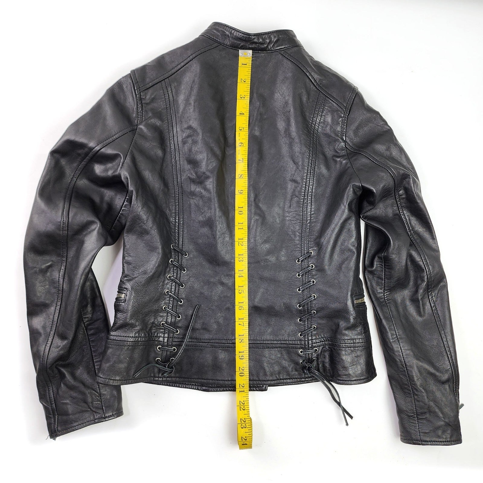 Excelled Leather Jacket Women’s Small Black Leather Short Biker Moto Lace Up