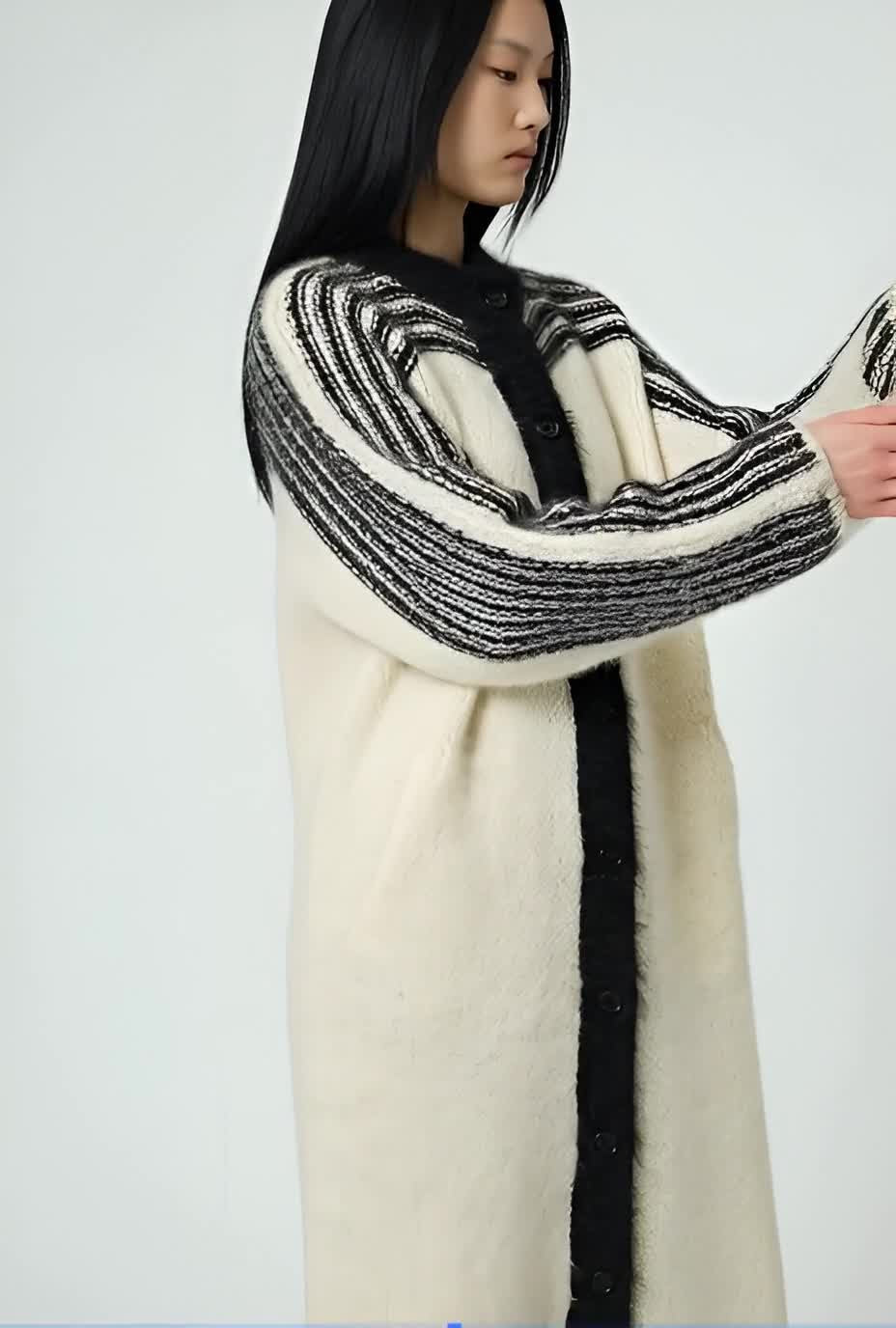 VTG 80s Nannell Mohair Sweater Coat Cream Black Striped Yoke Mod Articore M