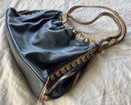 Isabella Fiore Black and Gold Floral Embroidered Leather Shoulder Bag
