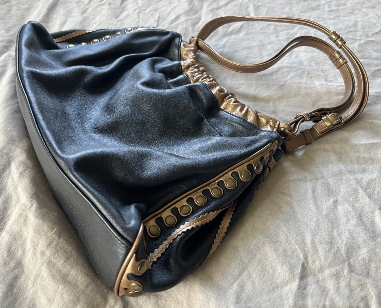 Isabella Fiore Black and Gold Floral Embroidered Leather Shoulder Bag