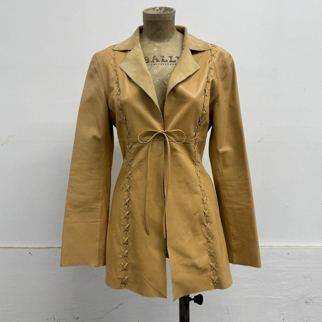 Bebe Y2K Genuine Leather Whipstitch Corset Tie-Front Jacket