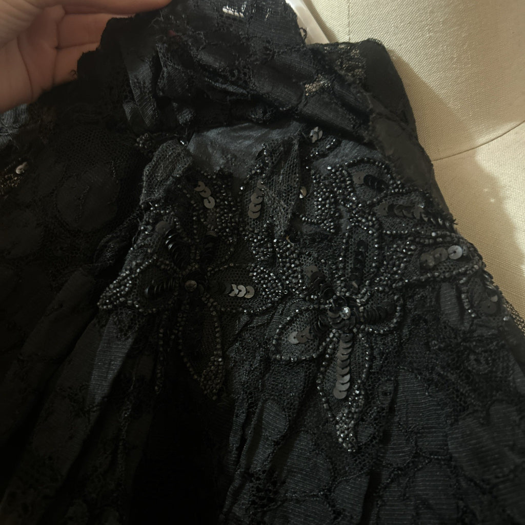 Vintage 1800's Victorian Gothic Black Lace Capelet w/ Beads  + Ruffle Size Small