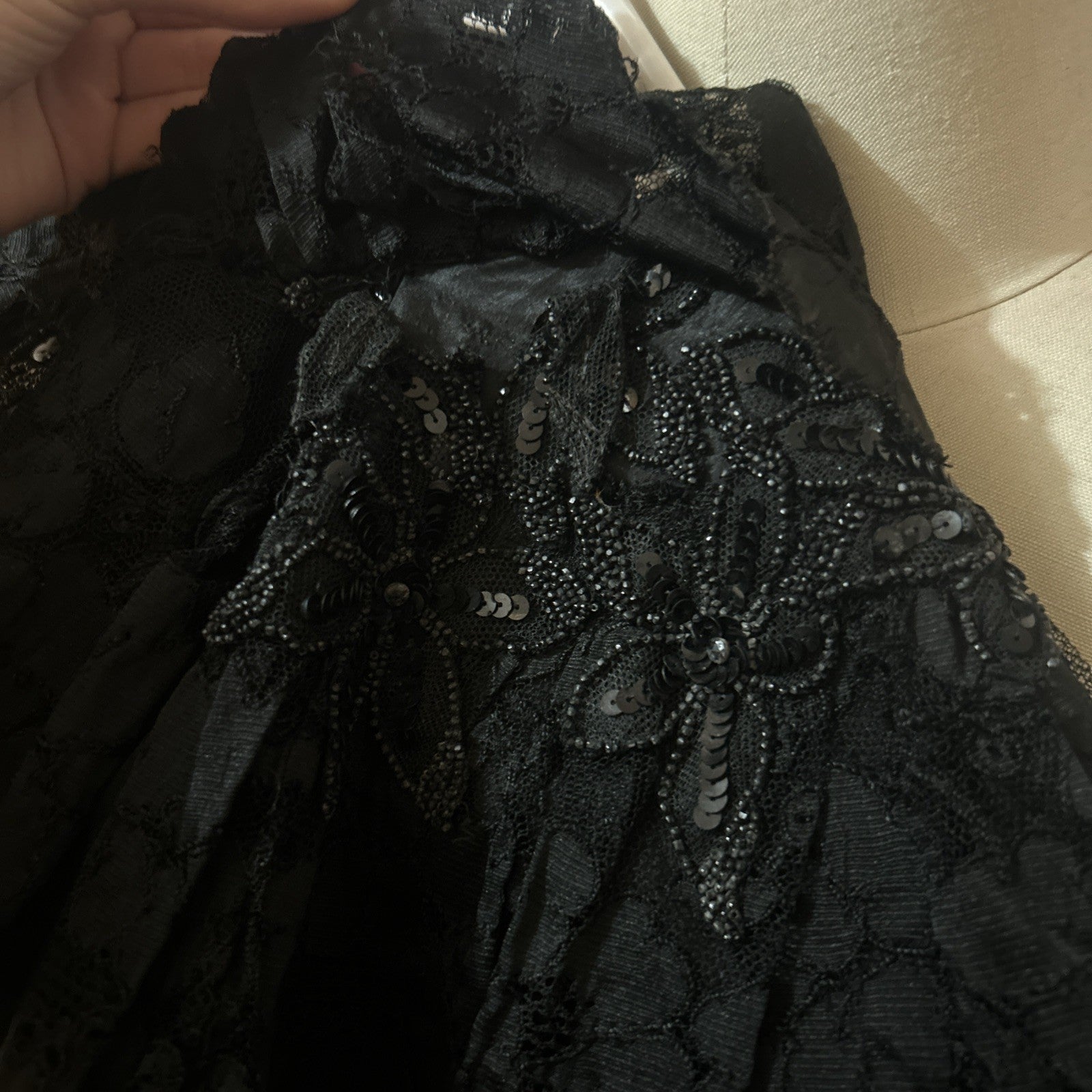 Vintage 1800's Victorian Gothic Black Lace Capelet w/ Beads  + Ruffle Size Small