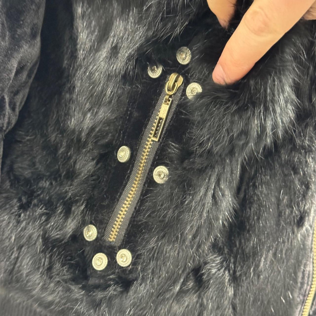 Vintage Y2K Black Plush Rabbit Fur and Velvet Zip-Up Bomber Jacket