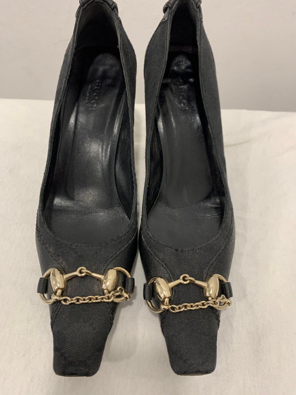 Gucci Vintage Horsebit Chain Pumps Black GG Monogram 37