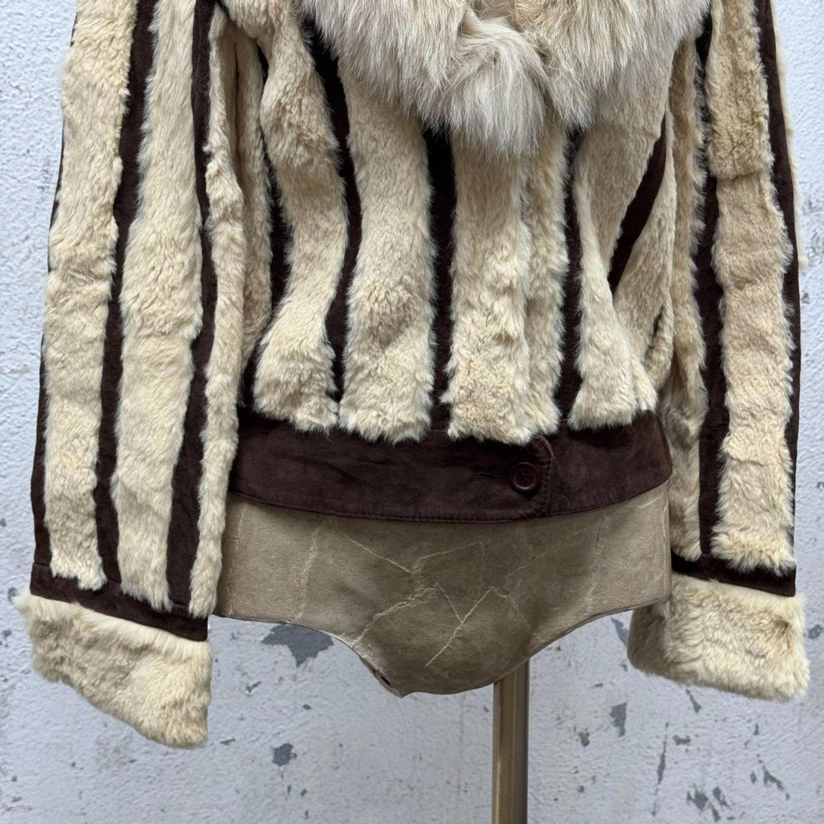 Vintage Y2K Striped Rabbit Fur and Suede Jacket with Fox Collar