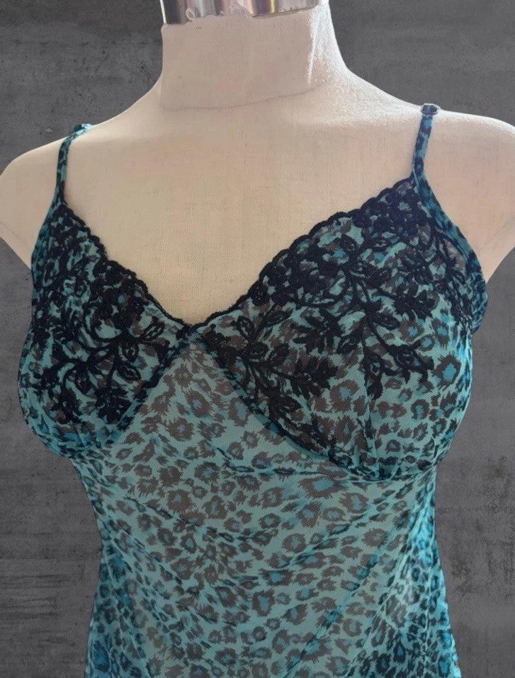 Y2K Victoria’s Secret Blue Leopard Print Lingerie Nightie Slip Dress Size Small