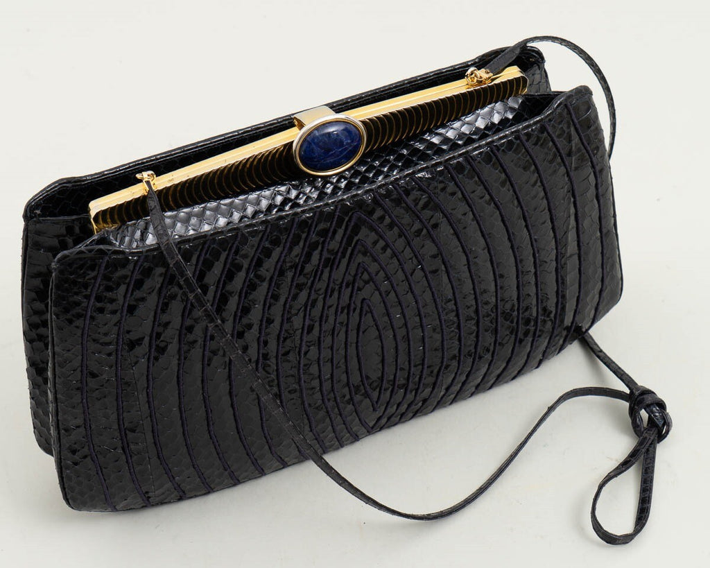 Vintage Judith Leiber Black Snakeskin Clutch Handbag Purse w. Lapis Lazuli Clasp