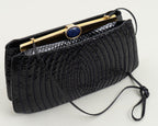 Vintage Judith Leiber Black Snakeskin Clutch Handbag Purse w. Lapis Lazuli Clasp