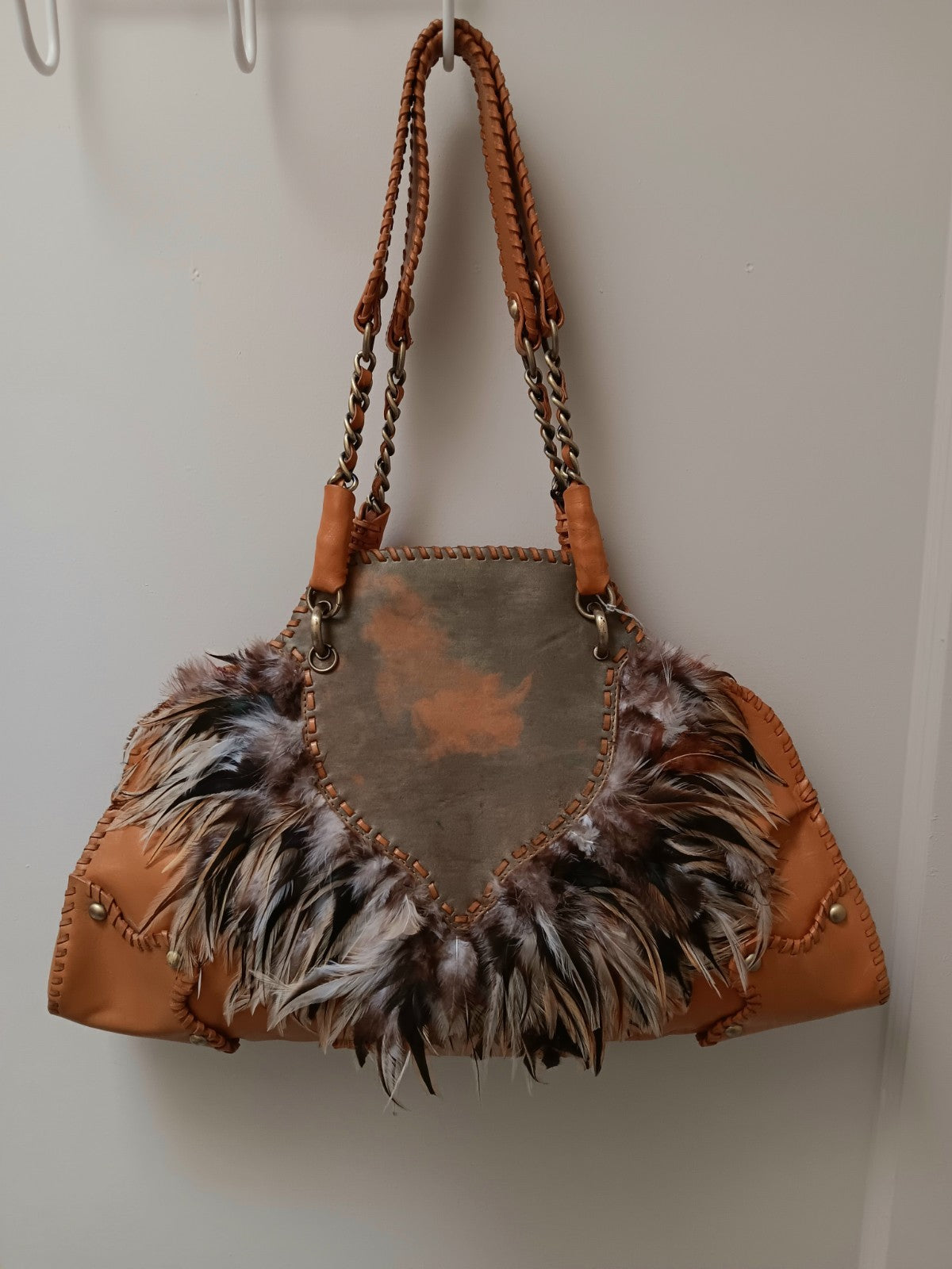 Sharif Leather Shoulder Bag with Feather Accent Tan