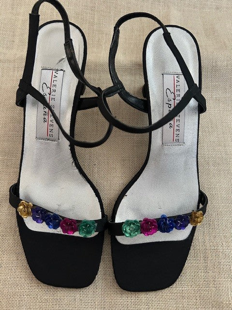Valerie Stevens España Vintage Black Satin Sequin Floral Strappy Kitten Heels