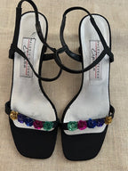 Valerie Stevens España Vintage Black Satin Sequin Floral Strappy Kitten Heels
