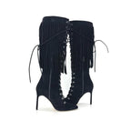 Manolo Blahnik 2015 Fringed Laceup Siouxi 105 Suede Knee High Heeled Boots 37.5