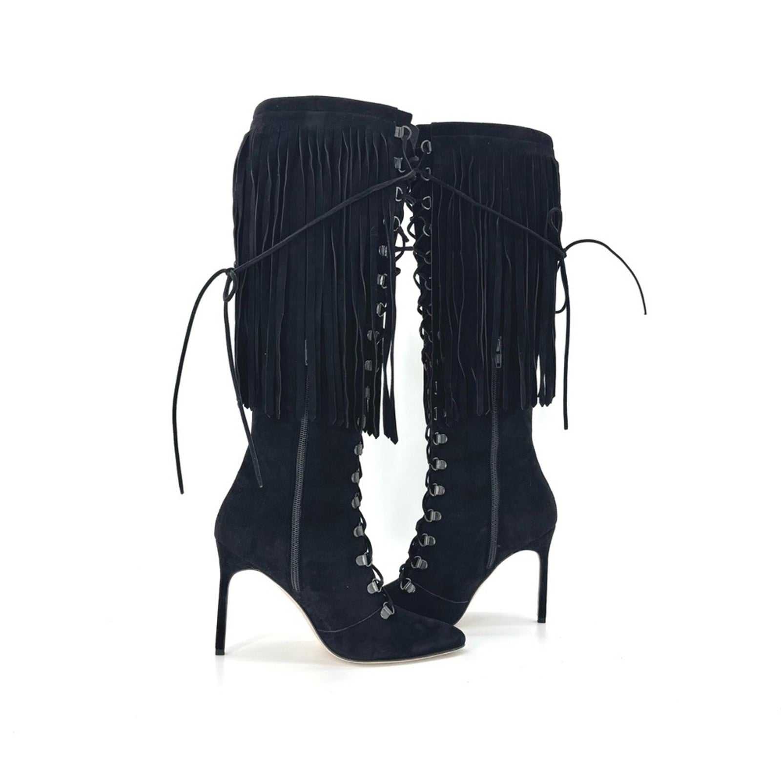 Manolo Blahnik 2015 Fringed Laceup Siouxi 105 Suede Knee High Heeled Boots 37.5