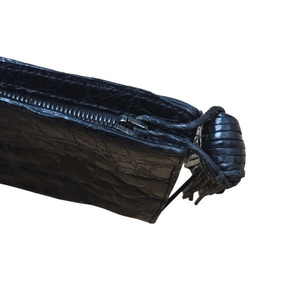 Nancy Gonzalez Black Slim Envelope Clutch Pouch Evening Bag Tassel Zip Crocodile
