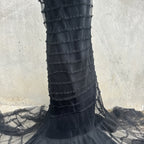 Vintage 1930s Black Mesh Net Gown Ruffles Low Back Bias Cut Art Deco Maxi Dress