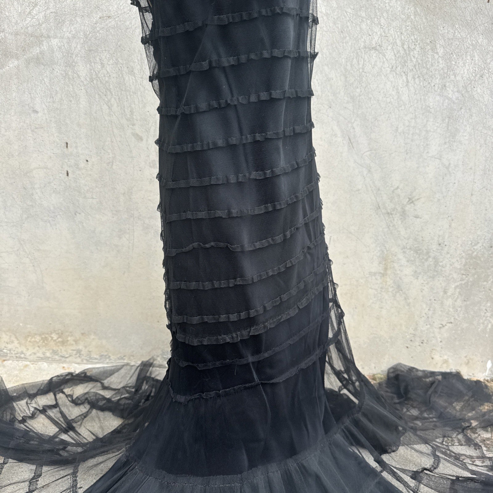 Vintage 1930s Black Mesh Net Gown Ruffles Low Back Bias Cut Art Deco Maxi Dress