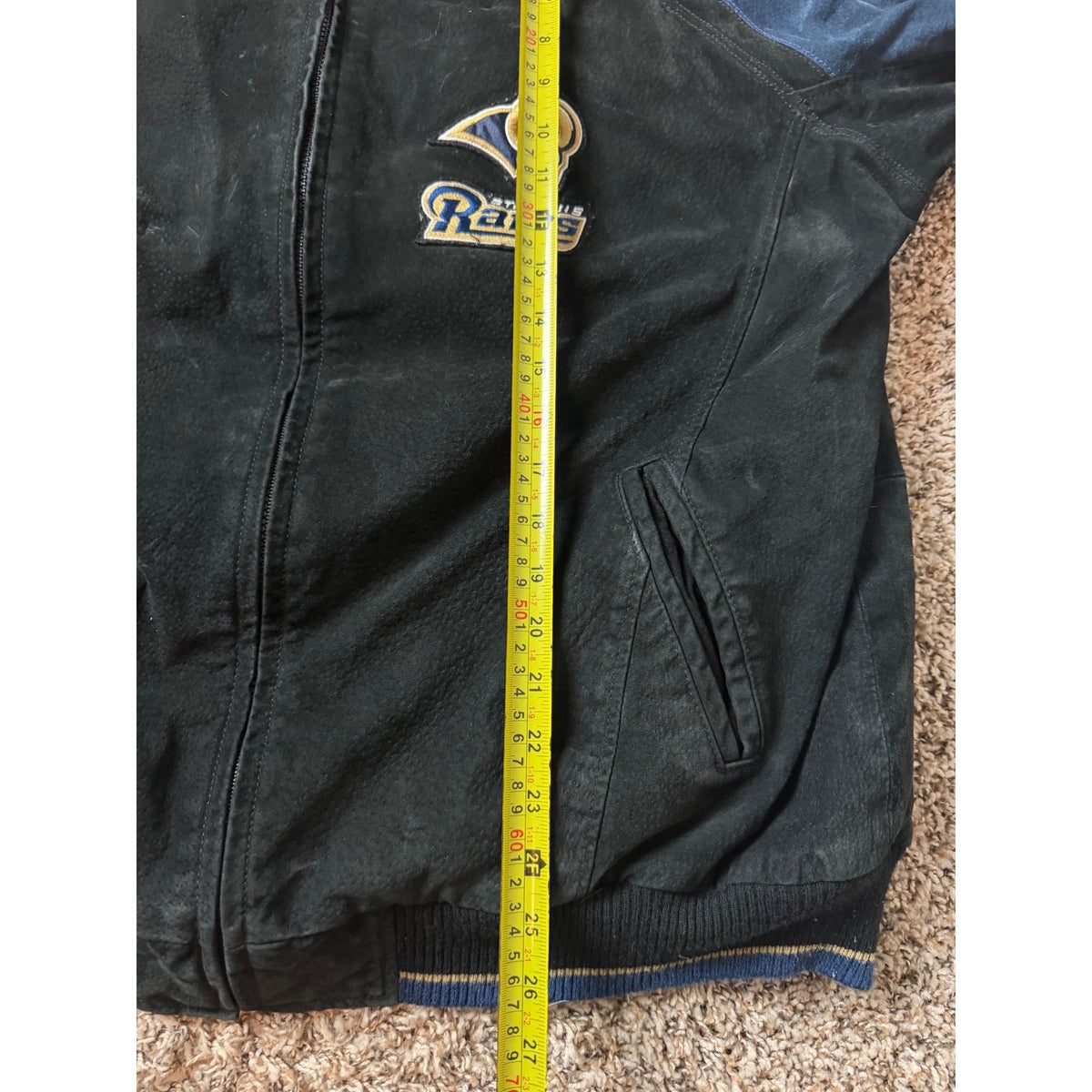 Vintage NFL St Louis Rams Leather Bomber Jacket Large Blue Black