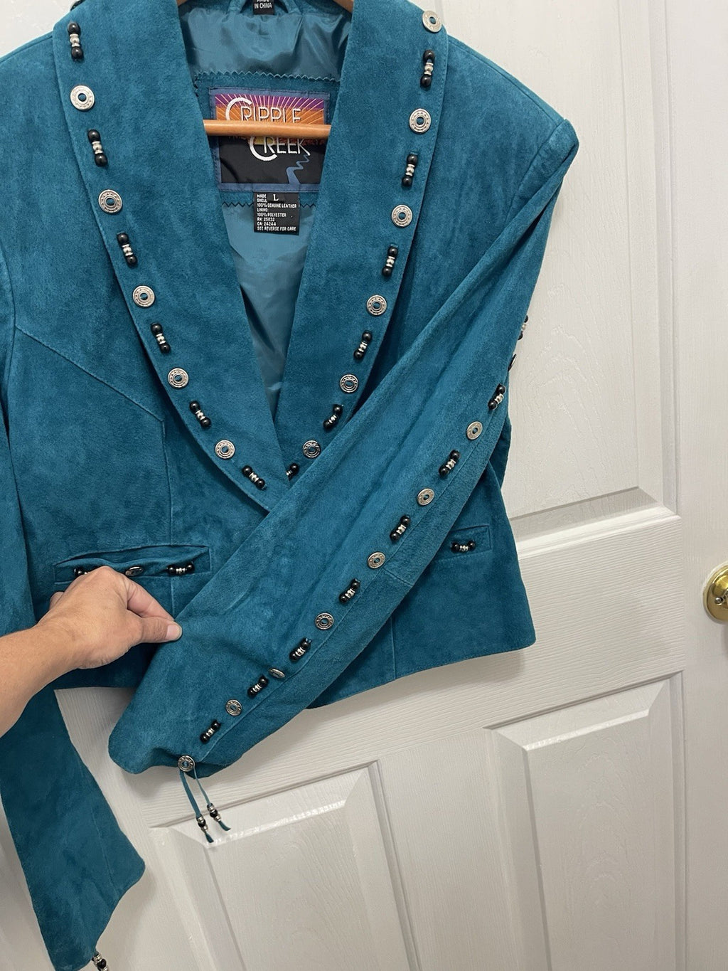 Cripple Creek Suede Leather Jacket Fringed Studded Beaded Teal Women's Large