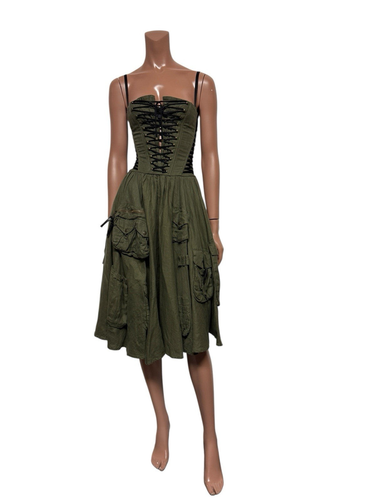 Vtg Dolce & Gabbana SS2003 Military Green Lace Up Dress S 40