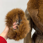Vintage Y2K Brown Leather and Fox Fur Trench Coat