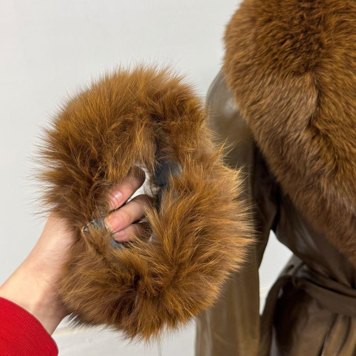 Vintage Y2K Brown Leather and Fox Fur Trench Coat