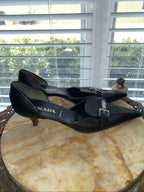 Vintage Prada Blk Leather Kitten Heel Pump W/ Pointed Toe & Silver Buckle Sz 36