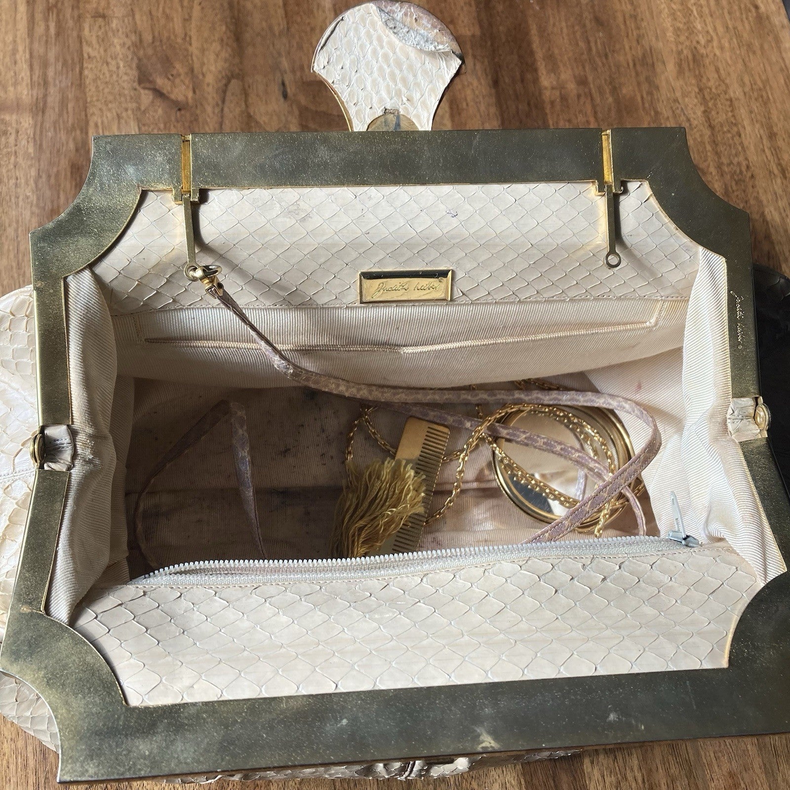 Vintage Judith Leiber Ivory Snakeskin Clutch Shoulder Bag with mirror and comb