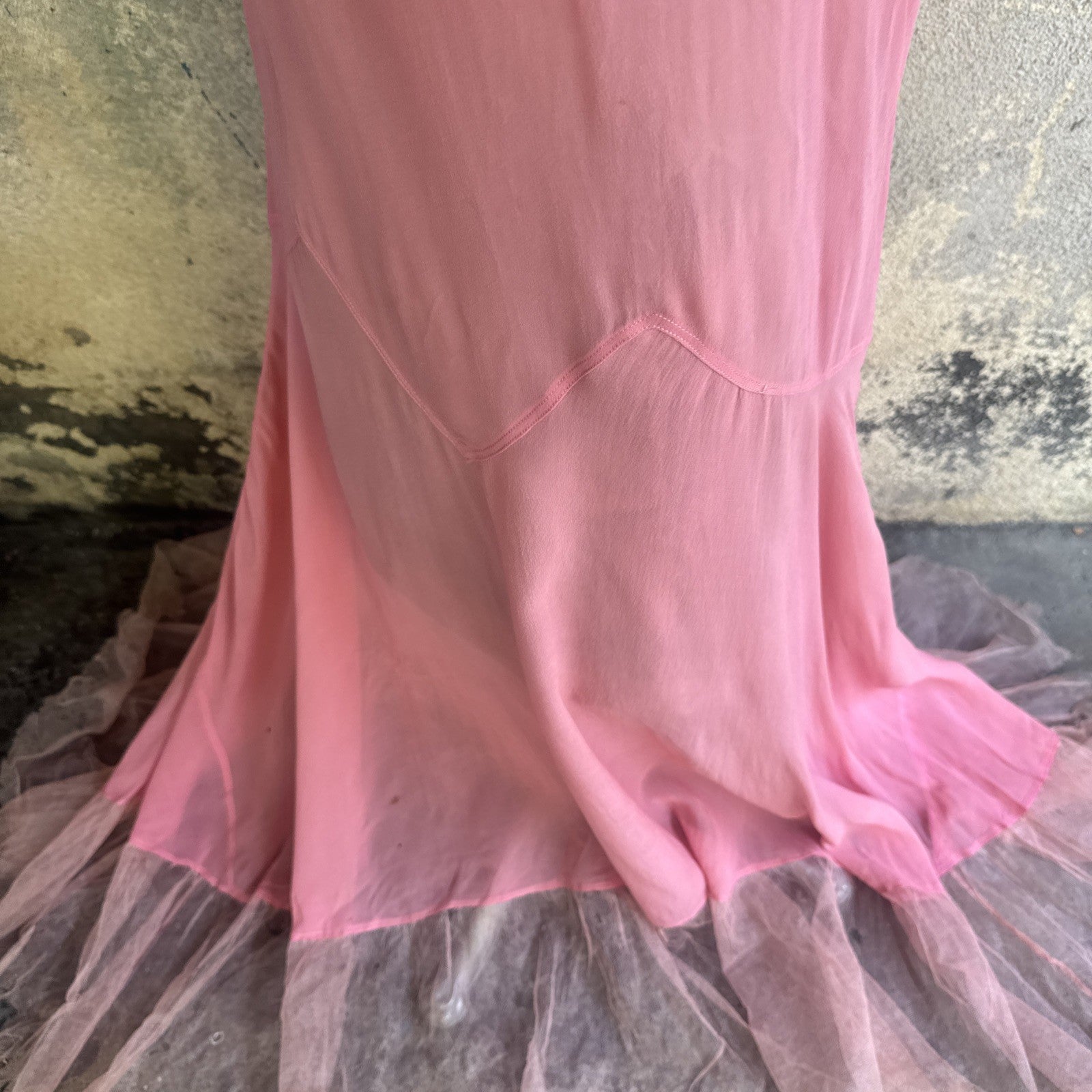 Vintage Late 1920s Early 1930s Bubblegum Pink Silk Chiffon Dress Sheer Ruffle