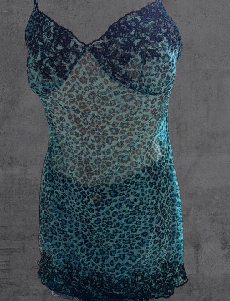 Y2K Victoria’s Secret Blue Leopard Print Lingerie Nightie Slip Dress Size Small