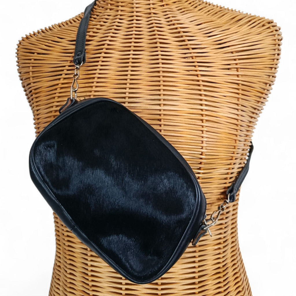 Vintage 40s 50s Black Leather Ponyhair Shoulder Bag - Prentice Zip, Belt Loops-