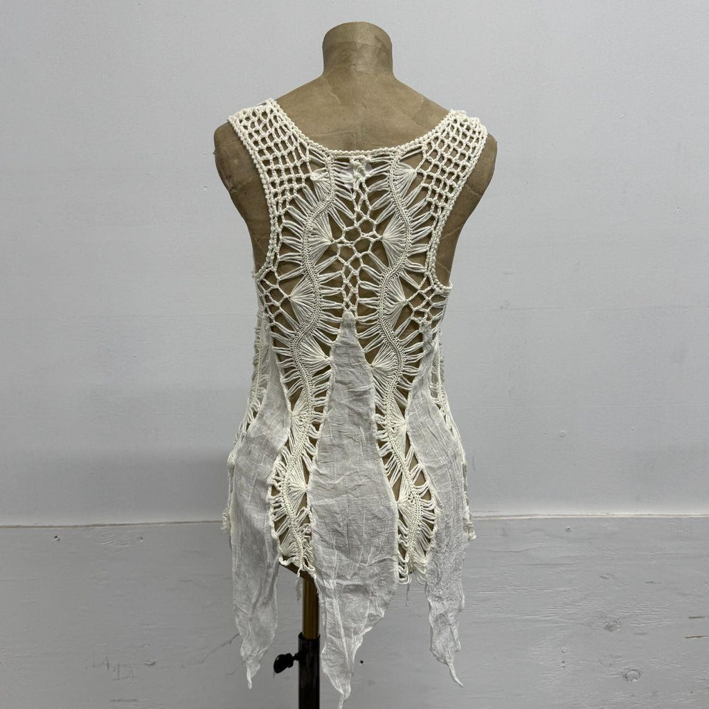 Vintage Y2K Paneled White Mixed-Media Crochet Tank Top