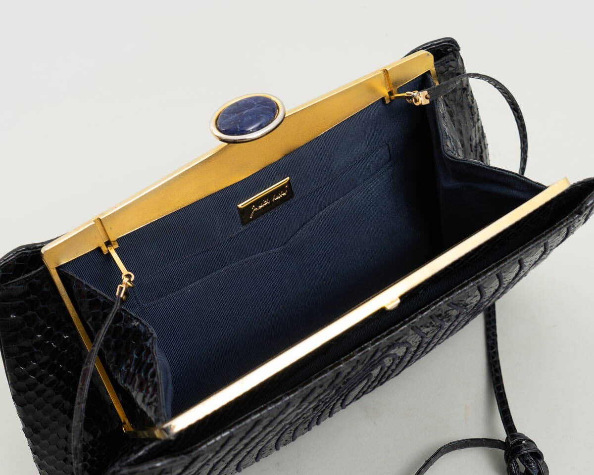 Vintage Judith Leiber Black Snakeskin Clutch Handbag Purse w. Lapis Lazuli Clasp