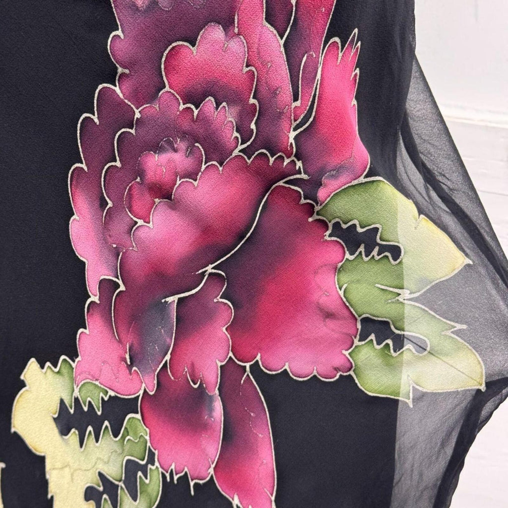 Vintage Y2K Botanical Noir 100% Silk Flutter Sleeve Gown