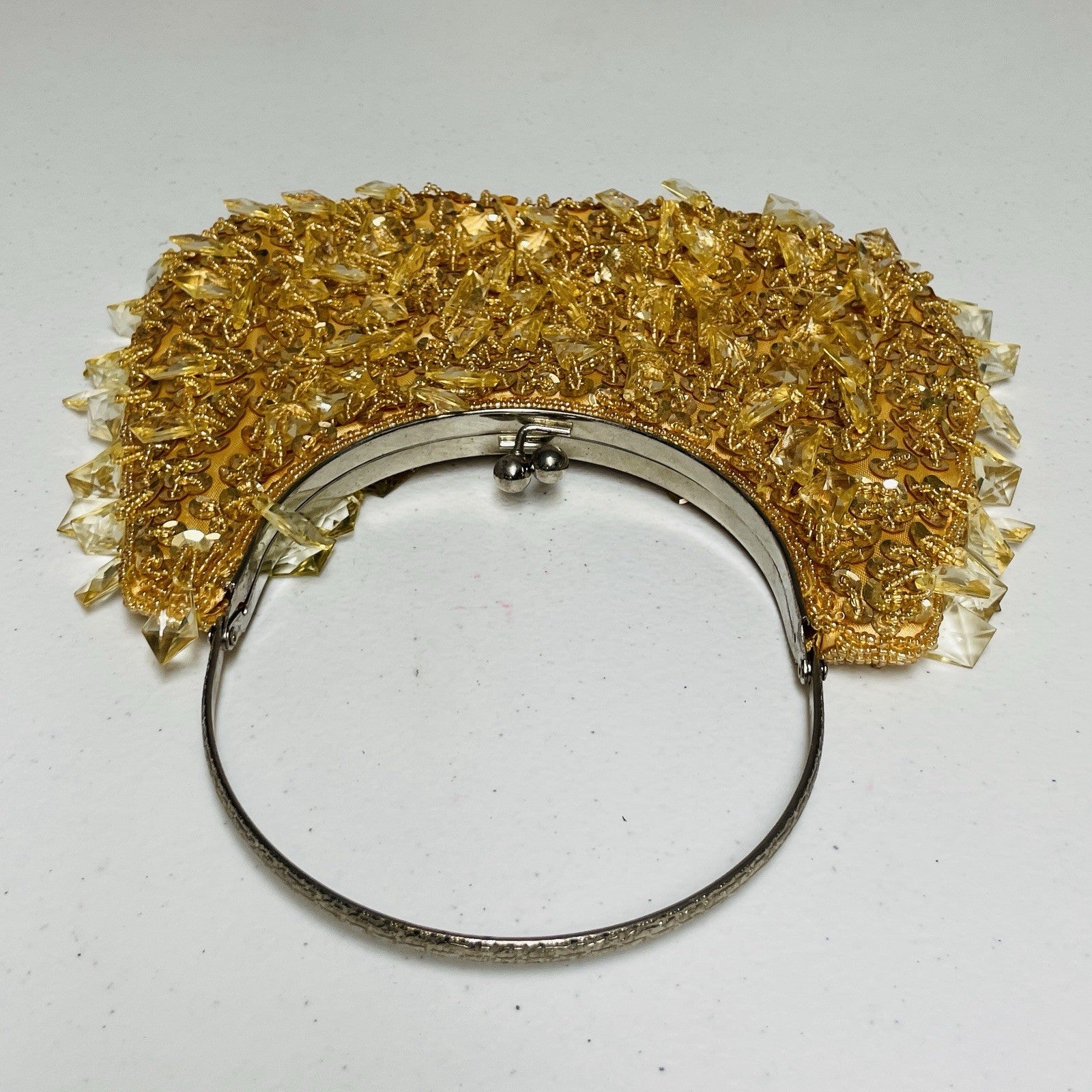 Vintage 70s Beaded Clutch Handbag Purse Gold Beaded Sequin Kiss Lock Frame