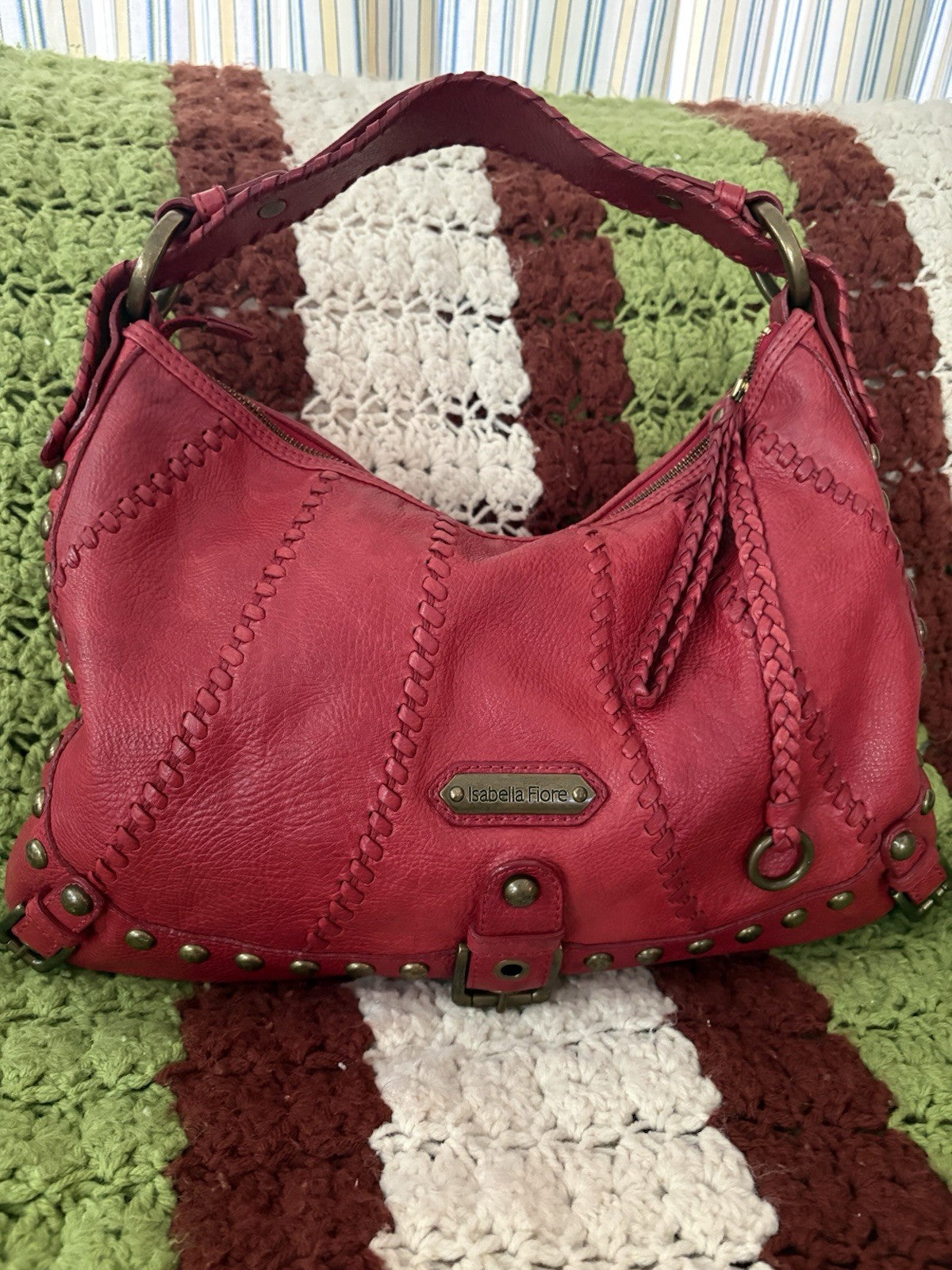 Isabella Fiore Audra Studded Leather Hobo Bag Red