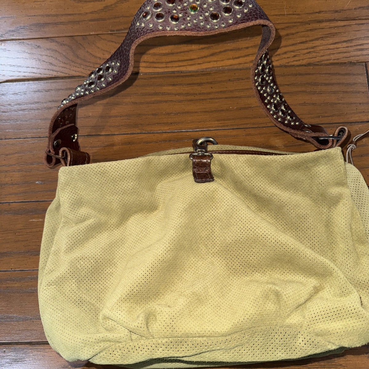 Tylie Malibu Green Perforated Suede Studded Gemstone Strap Bag Small