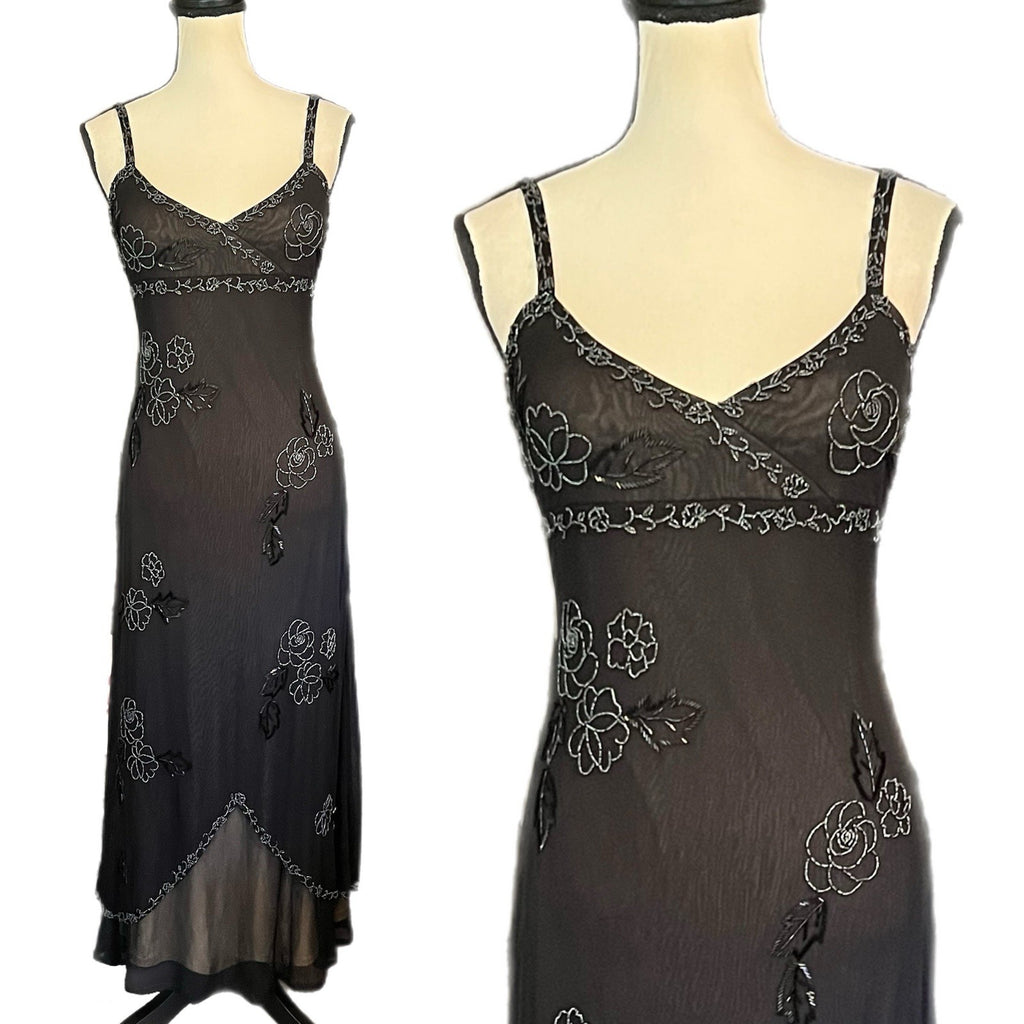 Vintage Caché Sheer Mesh Beaded Floral Slip Dress