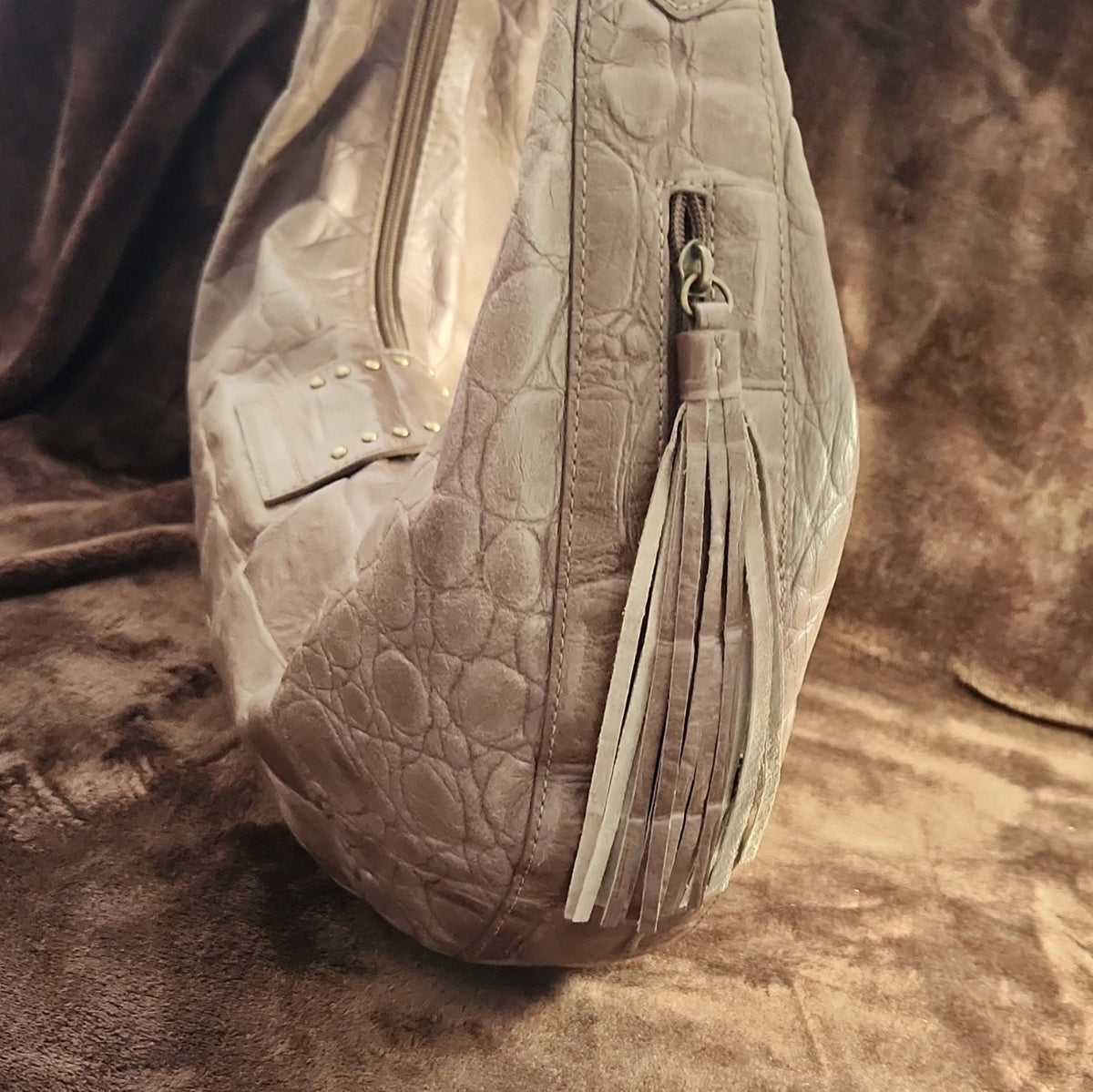 Kate Landry Grey Leather Embossed Hobo Shoulder Bag with Studded Tassel
