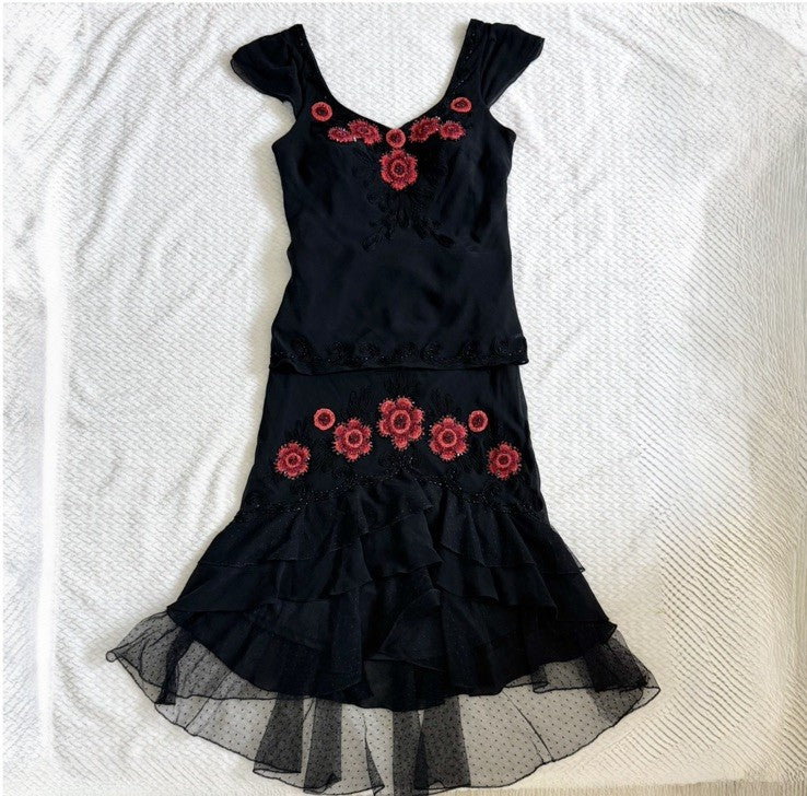 Sue Wong Vintage Silk Beaded Embroidered Skirt Top Set Size 6 Black