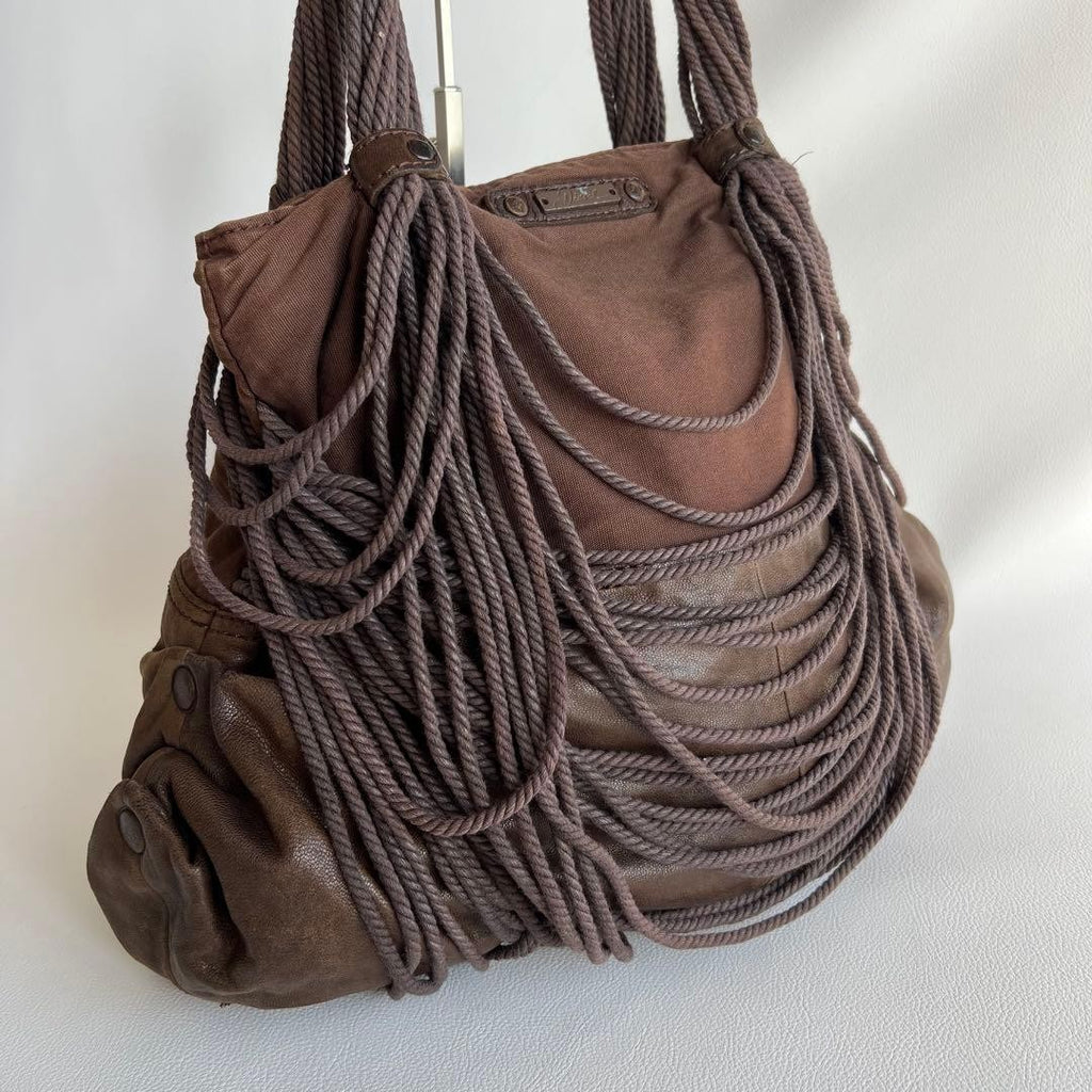 Diesel 2000s Brown Leather Shoulder Bag with Fringe Large