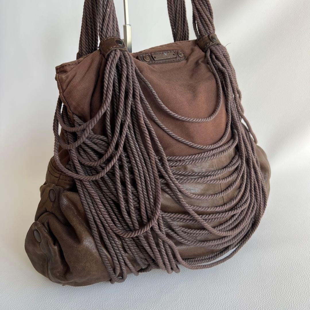 Diesel 2000s Brown Leather Shoulder Bag with Fringe Large